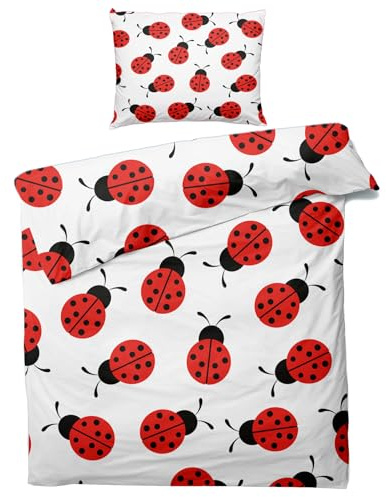 NOGAWA Bettwäsche Marienkäfer 135x200 - Bettbezug Insekten, Bettwäsche-Sets 2 teilig, Weich & Atmungsaktiv Mikrofaser Wendebettwäsche und 1 Kissenbezug 80x80 mit Reißverschluss