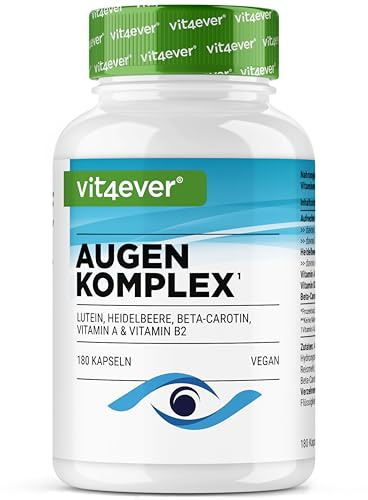 Complejo Vitamínico para los Ojos - 180 cápsulas para 6 meses con Luteína, Zeaxantina, extracto de Arándano, Betacaroteno, Vitamina A y Vitamina B2 - Vegano, alta dosis, sin aditivos inútiles