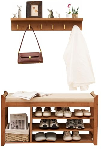 PETKABOO Hall Tree with Bench and Shoe Storage, Coat Rack Shoe Bench Set with Seat Cushion and 6 Hooks for Entryway, Hallway, Living Room and Bedroom