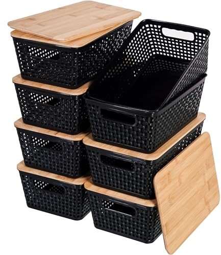 Citylife Set of 8 Pack Storage Baskets with Bamboo Lids,Woven Plastic Storage Boxes,Stackable Lidded Bins for Kitchen Bathroom Desktop Closet Classroom Office,Black
