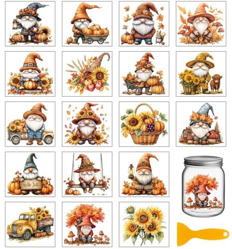 GLOBLELAND 18 Sheets Autumn Gnome Rub on Transfers for Crafts Sunflower Florals Waterproof UV DTF Cup Wraps Fall Pumpkin Thanksgiving Decals Stickers for Water Glass Bottle Vase Porcelain