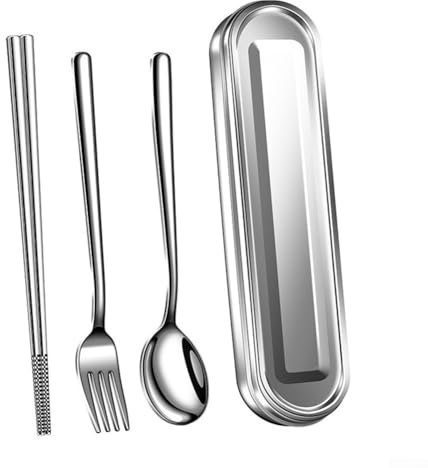 Juego de cubiertos compacto de acero inoxidable para trabajadores y viajeros con estuche