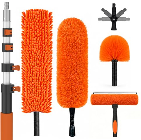 SISUPASSIE 3.6m Extendable Feather Duster Kit, Long Handled Dusters for Cleaning with Professional Extendable Pole, Long Reach Washable Duster for Cleaning Windows Cobwebs Ceilings Fans