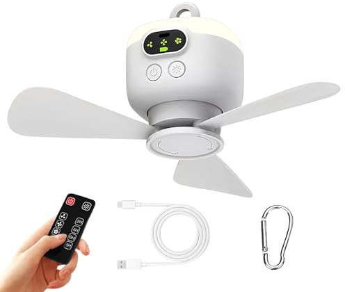 Tewzafiya Ventilador portátil de camping – 4 velocidades con luz LED colgante | Silencioso recargable USB para interiores exteriores jardín balcón terraza playa coche