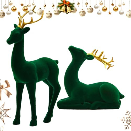 Opdestn Rentier Weihnachtsdeko - Beflockte Rentier-Figuren - 2 Stück Rote Und Grüne Ästhetische Stehende Und Sitzende Hirsch Statue Für Wohnzimmer Nachttisch
