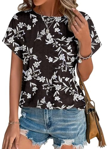 Cuptacc Tshirt Damen Sommer Elegant Bluse Rundhals Oberteile Kurzarm Shirt | Flügelärmeln,Rundhalsausschnitt,Oberteile,Lochstickerei,Casual,Sommer,Broderie,Komfort,Elegant,Lässige,Luftig,Airy,Fashion