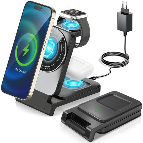 KDISHKRA 3-in-1 Kabelloses Ladegerät, 15W Schnellladeständer mit Magnethalterung, faltbar für Reise Büro, passend für iPhone X bis 17, Apple Watch & AirPods