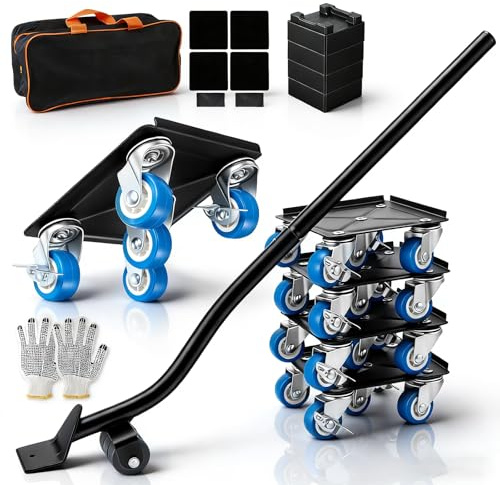 Kit Demenagement 4 Roulette Charge Lourde 1000kg pour Meuble, Déplace Meuble Lourd sans Effort, Système 5 Roues Acier avec Freins, Lève Meuble 65cm, Chariot Demenagement, Plateau Roulant