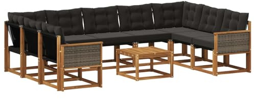 vidaXL Outdoor-Sofagarnitur mit Kissen 10 pcs Natürlich und Schwarz, Moderne Gartenmöbel, Akazienholz-Sofa, Textilene-Rücken, strapazierfähige Sitzmöbel, Bequeme Liegeplätze