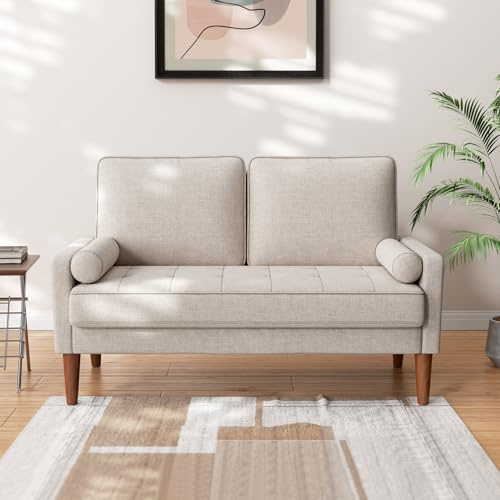 Sofa 2-Sitzer, Kleines Sofa aus Leinenimitat, Beigegrau, 121*77*87 cm | Kleines Sofa für kleine Räume, Mid-Century-Modern-2-Sitzer, einfach zu montierendes Sofa für Wohnzimmer und Schlafzimmer