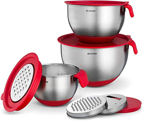 Belwares Stainless Steel Mixing Bowls with Lids - Nesting Bowls with Graters, Handle, Pour Spout, Airtight Lids - Non-Slip Mixing Bowl Set for Cooking, Baking, Prepping, Food Storage (Set of 3)