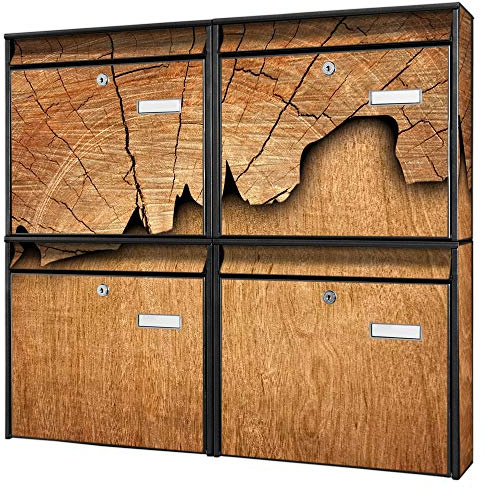 banjado Briefkastenanlage 4 Fach - Postkästen groß - verzinkter Stahl schwarz DIN A4 Motiv Holz - Briefkasten Set 4 Briefkästen Namensschild, 2 Schlüssel, Montagematerial
