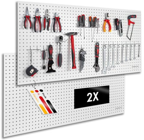 Pegboard Peggy´s Lot de 2 panneaux à outils en bois - 120 x 60 x 0,5 cm - Perforation Ø 7 mm - MDF laqué blanc