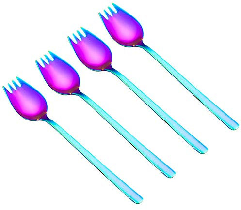 Rainbow Stainless Steel Spork, Long Handle Reusable Metal Fork Spoon 2 in 1 for Camping Picnic Travel，Set of 4.