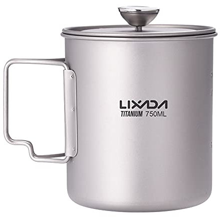 Lixada Caffettiera Francese, Pentola in Titanio Puro con Sistema di Filtrazione in Acciaio Inossidabile, Tazza da Esterno Multifunzione, Grande capacità 750 ml, 200 g Leggera e Portatile