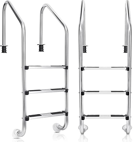 GOPLUS Scala Piscina in Acciaio Inox, con 3 Gradini Antiscivolo, Braccioli Protettivi, Montaggio Facile, Accessori Completi, Carico di 150kg, 53,3x 63,5 x147,3cm
