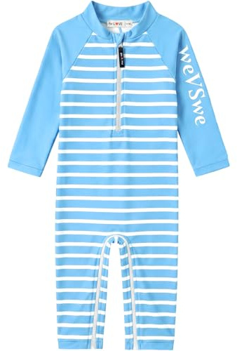 weVSwe Maillot de Bain pour Tout-Petit UPF 50+ Protection Solaire en Tissu recyclé pour bébé One Pieces Maillot de Bain pour garçon à Manches Longues Rash Guard Rayures Bleues 18-24 Mois