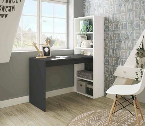 Dmora - Denton Schreibtisch, umkehrbarer Multifunktionsschreibtisch mit Bücherregal mit 5 Ablagen, Arbeits- oder Bürotisch für PC-Buchhalter, 120 x 53 x 144 cm, Weiß und Anthrazit