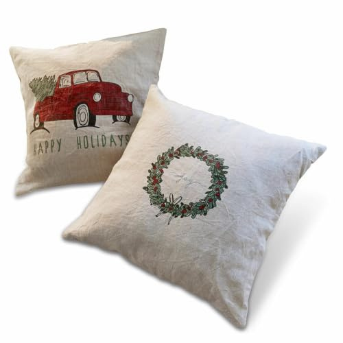 Loberon Kissenhülle 2er Set Camon, beige/rot | nostalgische Prints - Adventskranz/Auto mit Weihnachtsbaum - weihnachtliche Textilien - Weihnachtsdeko - Weihnachten - Leinen