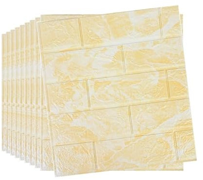 10 Pieces 3D Brick Wallpaper, Wall Panels Sticker Foam Background Self-Adhesive Waterproof Peel and Stick 3D Wall Panels for Door Floor Furniture Bedroom Kitchen Living Room Bathroom(Marble Yellow)