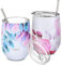 THILY Vakuumisolierter Weinbecher ohne Stiel 12 oz Weinglas aus Edelstahl mit Deckel und Strohhalm, hält kalt oder heiß für Kaffee, Cocktails, 2er-Pack (rosa Lilien + Lotusblume)