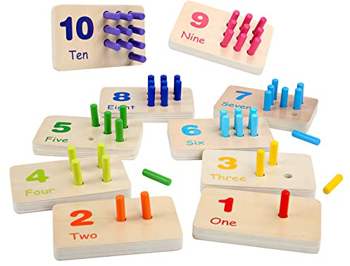 MIKNEKE Montessori Number Counting Blocks Peg Board Toys, Wooden Math Manipulative Materials for Preschool, Number Montessori Learning Toy for Toddlers & Kindergarteners (Colorful Peg)