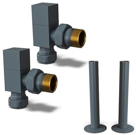 UK Radiators Square Anthracite Radiator Valves and Pipe Covers - Anthracite Matt Finish - Classy and Modern Design 1/2 x 15mm Angled Radiator Valves - Pair of Valves with 130mm Pipe Covers
