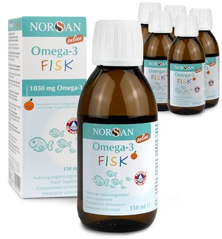 NORSAN FISK Omega-3 Öl für Kinder - 1.030 mg Omega 3 hochdosiert - 6x 150ml | natürliches Fischöl mit EPA und DHA aus nachhaltigem Wildfang - mit Vitamin D3 (400 I.E. pro Tagesdosis) - Orangengeschmack