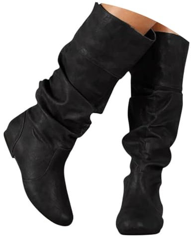 ticticlily Stivali Donna Pelle Piatta Stivali Morbido Camoscio Autunno Inverno Stivali Caldi Classico Donne Tacco Basso Stivali Alti da Donna A Nero 37 EU
