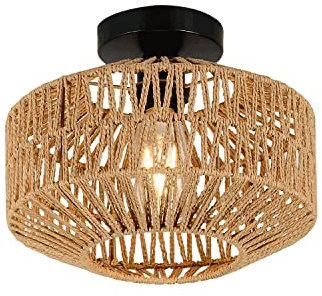 YIKEGE LICHT Vintage Boho Rattan Lampe Deckenleuchte Hängelampe - Rustikal Deckenlampe Korb Lampenschirm Badezimmerlampe Badlampe Wandlampe - E27 Industrielle Deckenleuchten für Küche Schlafzimmer