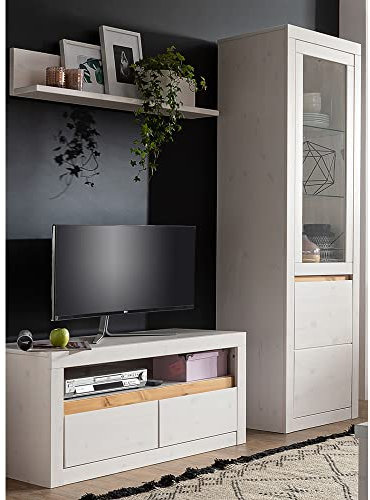 TV Möbel Wohnzimmer Set Massivholz Mediawand Wohnwand TV Wand Lowboard Wandboard Vitrinenschrank Kiefer massiv weiß Weiss