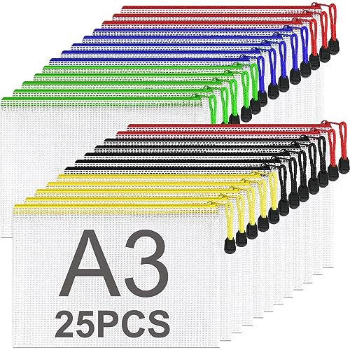 ASelected 25 Stücke Dokumententasche A3 Reißverschluss Bunte, Mesh Kunststoff Reißverschlusstasche, Datei Taschen mit Reißverschluss A3 Zipper Taschen für Datei, Dokumente, Hausaufgaben, Reisezubehör