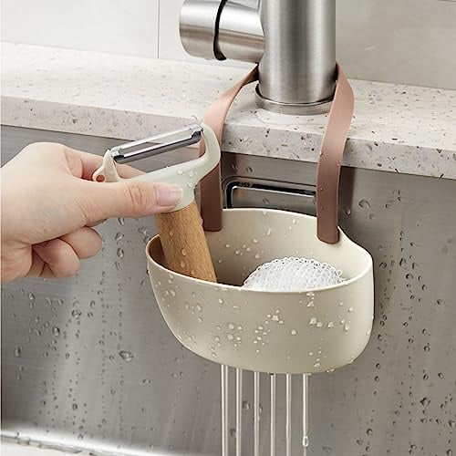 soobu Panier Suspendu pour égouttoir de Cuisine, Porte-éponge Suspendu pour évier TPR Sangles Amovibles pour Cuisine (Couleur café)