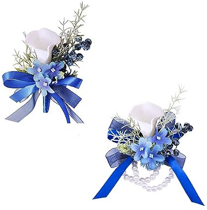 Floinla Marineblaue Calla-Lilien-Ansteckblume und Ansteckblume Set für Hochzeit, Abschlussball, künstliche Blume, Handgelenk-Ansteck-Armbänder, Heimkehr-Ansteck-Armband, Ansteckblume für Herren,