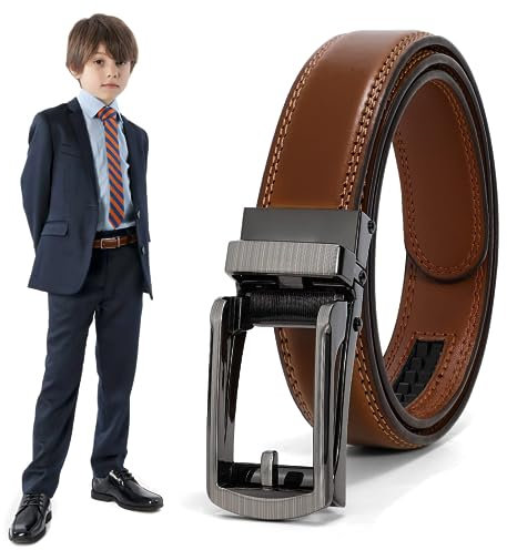 XZQTIVE Junge Ratsche Ledergürtel Easy Slid Klick Schnalle Auto Gürtel für Kinder Schule Uniform Kleid Jeans, Braun