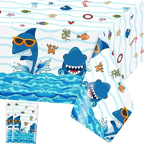 Hai Tischdecke Ocean Tiere Tischdecken Unter dem Meer Tischtuch Rechteckige Wasserdicht Blauhai Motiv Sommer Strand Pool Geburtstag Party Supplies, 137 x 274cm, 2 Stück