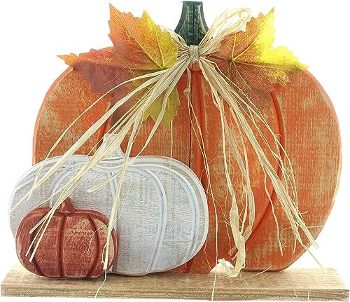 Dekofigur Kürbistrio aus Holz mit Bast-Schleife, Kürbis Deko, Herbstdeko, Halloweendeko; Holzdeko Kürbisse,