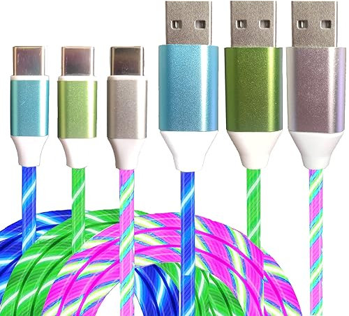 Wuucor 3 Pack Led USB C Charging Cable Light Up Type C Charger LED Light Up Fast USB-C to USB-A Charge Cord Compatible with Samsng Galaxy S23 S22 S21 S10 S9 Plus Note 20 10(6.6FT,Blue Colorful Green)