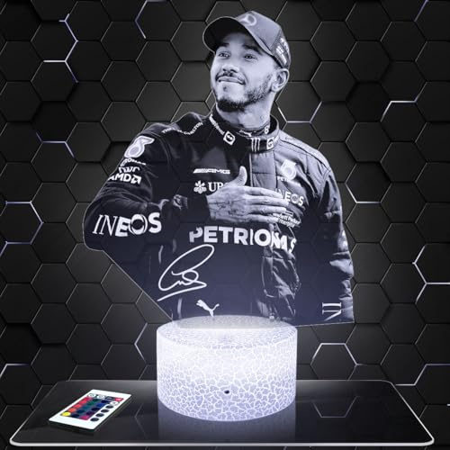 Lampephoto.fr - Lampe L. Hamilton F1-Pilot 3D Nachtlicht Formel 1 | Made in France, Sockel wählbar, dimmbar, Batterie/USB, HD-Lasergravur, Geschenk für Formel-1-Fans