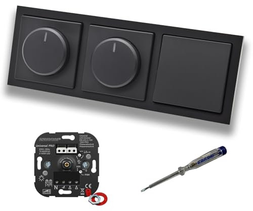 EBROM 1002 Universal PRO (2 x) LED Drehdimmer Dimmer + Busch Jäger Dimmerscheiben 6540-885-102 und Kreuzschalter 2000/7 US in Future Linear Schwarz matt + EBROM Phasenprüfer z.Montage d.Geräte