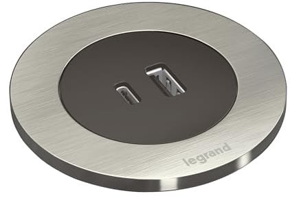 LEGRAND, Incara Disq 60, USB A+C Ladesteckdose, Tischsteckdose, Einbausteckdose, Mehrfachladegerät, 15 Watt, 2m Kabellänge, 2P+E Stecker, Farbe: Schwarz mit Verschluss aus Metall, 654733