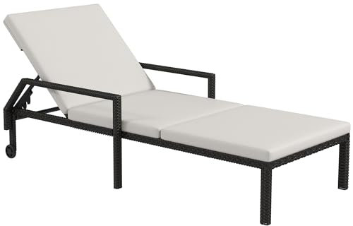 Outsunny Tumbona de Ratán Chaise Longue de Jardín con Respaldo Ajustable en 5 Posiciones Cojín Acolchado y 2 Ruedas Carga 120 kg 73x200x48 cm Crema y Negro