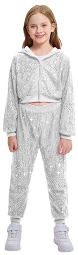LOLANTA Kinder Pailletten Hip Hop Tanz Kostüm Street Dancewear Jacke Hose Set, Silber, 8-9 Jahre, 140