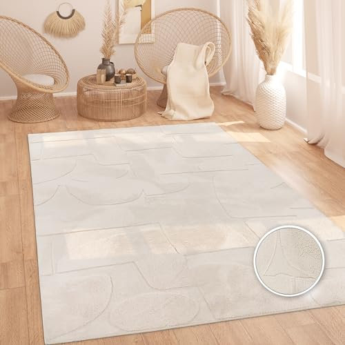 Paco Home Teppich Wohnzimmer Schlafzimmer Hochflor Skandinavisches Muster Boho Abstrakt Weich Einfarbig 3D Waschbar Beige Creme, Grösse:120x160 cm