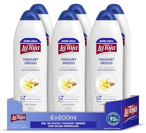 La Toja Gel de Ducha Yoghurt Griego, pack de 6 de 600 ml (3600 ml), para una Piel Cuidada, Suave Aroma a Almendras, Cuidado y Suavidad