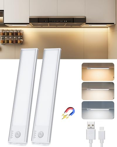 Aigostar Luz LED Armario con Sensor de Movimiento y Batería Recargable, LED Cocina Bajo Mueble 1100mAh, Brillo y Color Ajustables, con Cable USB C, Luz LED Adhesiva y Magnética 20.4cm, 2pcs