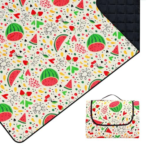 Outplea Kinder Picknickdecke Wasserdicht Faltbar, 200x200cm Tragbare Strandmatte Früchte Maschine Waschbar, Große Outdoor Decke für Camping Reisen Wandern, Wassermelone