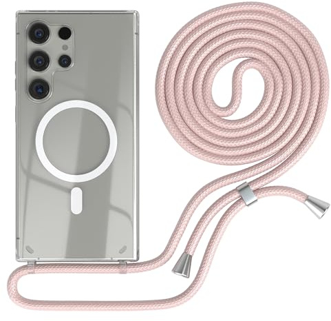 EAZY CASE - Handykette kompatibel mit Samsung Galaxy S24 Ultra Kette zum Umhängen Stoßfest Handyhülle für Galaxy S24 Ultra Silikon Hülle mit Band Handytasche Transparent als Fallschutz in Rosé-Gold