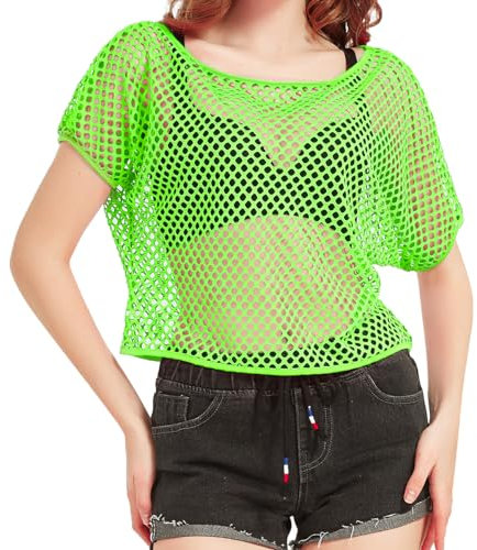 WILDPARTY 80er 90er Jahre Outfit Damen, Netzoberteil, Mesh Oberteil, Neon Shirt Aerobic Kostüm Sexy, Off Shoulder 80s Kleidung Sommertops Schlager Mottoparty Karneval Grün 2XL