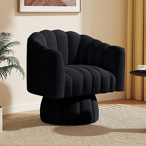 VANTEN Mid Century 360 Degree Swivel Cuddle Barrel Accent Sofa Chairs, Round Armchairs with Wide Upholstered, Fluffy Velvet Fabric Chair for Living Room, Bedroom, Office, Waiting Rooms, (Black)